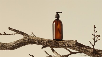 Empty bottle with a dispenser stands on a pastel background on a tree branch. Natural background, layout for exhibitions, product presentations, therapy, recreation and health.