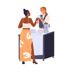 Waiter serving coffee cup for woman customer at catering table, buffet. Offering hot drink, tea for breakfast, morning service in hotel. Flat vector illustration isolated on white background