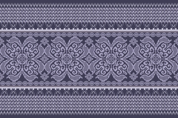 Floral pixel art pattern on white background.geometric ethnic oriental embroidery vector illustration.pixel style,abstract background,cross stitch.design for texture,fabric,cloth,scarf, table runner. - 740561949