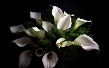 small funeral bouquet of calla lilies with black ribbon on a gray background 