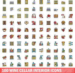 100 wine cellar interior icons set. Color line set of wine cellar interior vector icons thin line color flat on white