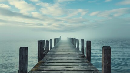 Amidst the cloudy sky, a wooden dock juts out into the calm waters, inviting one to step into the peaceful landscape and escape the chaos of the world - obrazy, fototapety, plakaty