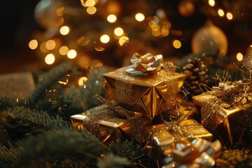 christmas and new year background - gift boxes and pine cones and branches on the background of bokeh garlands AI generative
