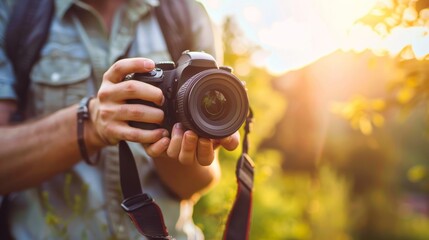 A photographer stands outdoors, his hand holding a digital slr camera with a gleaming lens, ready to capture the world through his optical instrument - obrazy, fototapety, plakaty