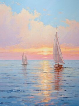 A painting capturing two sailboats gracefully sailing in the ocean against the backdrop of a stunning sunset, with vibrant colors reflecting off the water.