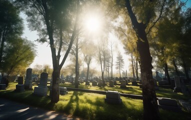 large bright cemetery and trees in the sunlight 