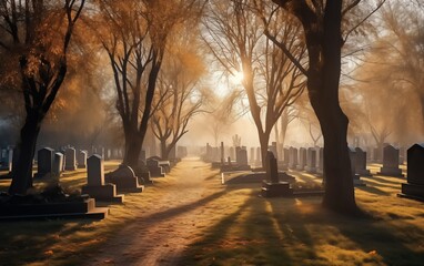 large bright cemetery and trees in the sunlight 