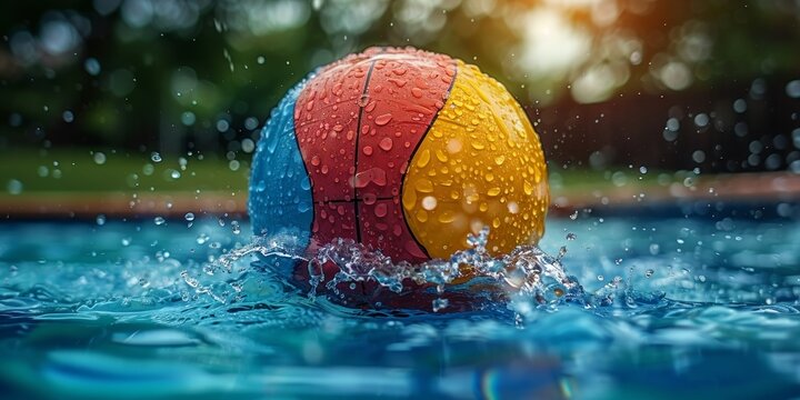 The bright blue pool with a colorful ball invites you to summer fun and relaxation.