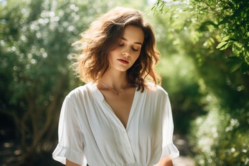Beautiful young woman wearing a white V-neck blouse standing in a park.