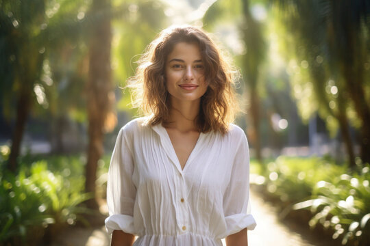 Beautiful young woman wearing a white V-neck blouse standing in a park.
