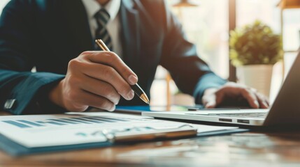 A man sitting indoors at his desk, using his laptop and holding a pen to jot down ideas for his next project with the help of office supplies
