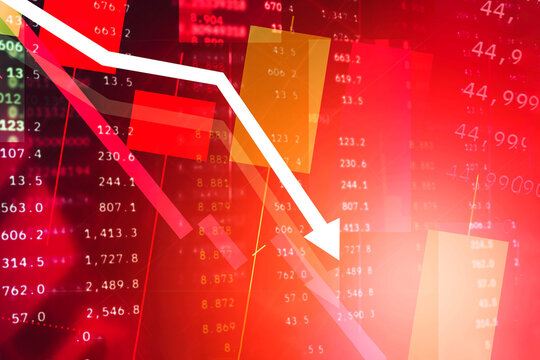 Stock market crash with arrow going down and red graph decreasing. Capital at risk. Bitcoin on arrow goes down and line charts with extreme price drop cryptocurrencies market Spot, futures and funding