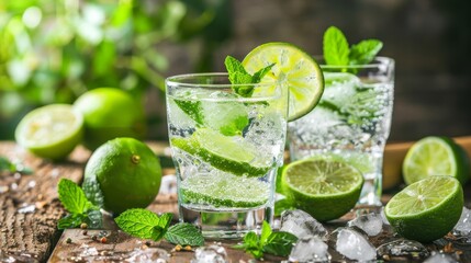 A refreshing and vibrant caipirinha cocktail garnished with key limes, meyer lemon slices, and...