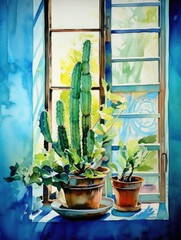 A painting depicting a cactus plant sitting on a window sill, capturing the contrast between the spiky desert plant and the urban setting.
