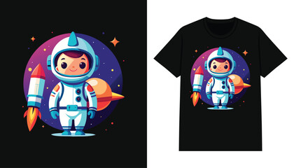 cute astronaut t-shirt design. cartoon astronaut with rocket  for print design apparel and clothing