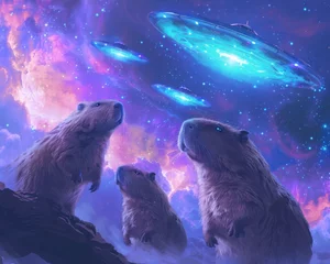 Fototapeten Capybaras selfie adventure UFOs swirling in a galaxy sky blending fantasy with cosmic mystery © Pairat