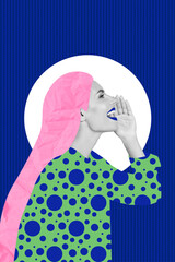 Creative artwork template collage of funky screaming announcement pink hair isolated blue color background