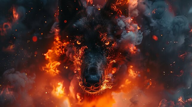 Hellhound bursting from flames eyes glowing with mysterious energy in a fantasy realm aura of dread