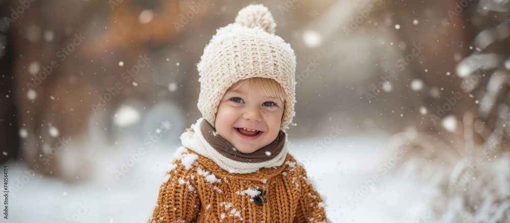 Poster Adorable little girl enjoying the winter wonderland in a cozy knitted hat and sweater