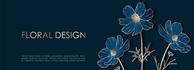 Obraz premium Dark blue luxury vector floral design with golden wildflower outlines. Floral card, poster, banner, cover design.