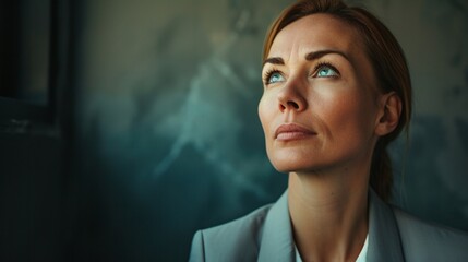 Portrait d'une femme d'affaires regardant au dessus d'elle » IA générative - obrazy, fototapety, plakaty