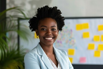 Femme d'affaires noire avec un tableau avec des post-it » IA générative - obrazy, fototapety, plakaty