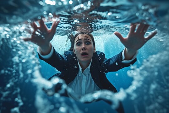 Femme d'affaires sous l'eau avec la pression &raquo; IA g&eacute;n&eacute;rative