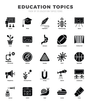 Collection of Education Topics 25 Glyph Icons Pack.