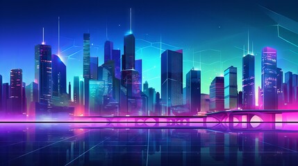 Fototapeta na wymiar Futuristic urban architecture vector illustration with neon lights - modern hi-tech cityscape concept for banner backgrounds