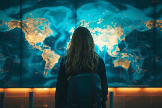 Femme blonde vue de dos observant la carte du monde » IA générative
