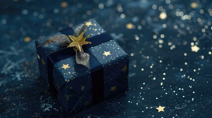 Dark blue gift box with gold satin ribbon on dark background. Top view of birthday gift with copy space for holiday or Christmas present. Ai generative.