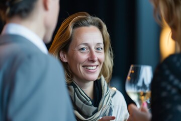 Femme d'affaires blonde durant un cocktail entre professionnels » IA générative - obrazy, fototapety, plakaty