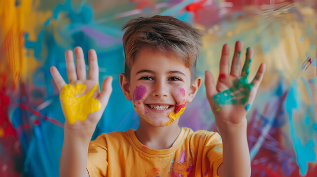 Smiling boy playing with colors, paint on hands and face, showing the two hands full of colorful pigment to the camera, concept of art and mess and creativity. generative ai