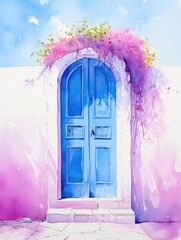 A painting depicting a blue door adorned with vibrant pink flowers. The flowers stand out against the doors cool blue color, creating a striking visual contrast.