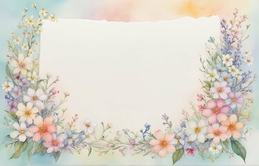watercolor illustration of a large space for a note with small white and colorful tiny flowers, on the left side on a soft pastel background with a hint of floral pattern