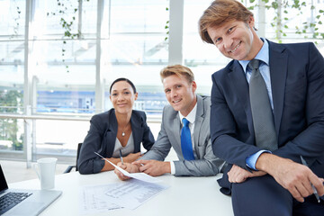 Fototapeta premium Portrait, smile and business people in office with documents for meeting, planning or strategy, Collaboration, teamwork or partnership with corporate men and women in boardroom of workplace together