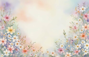 Obraz na płótnie Canvas watercolor illustration of a large space for a note with small white and colorful tiny flowers, on the left side on a soft pastel background with a hint of floral pattern