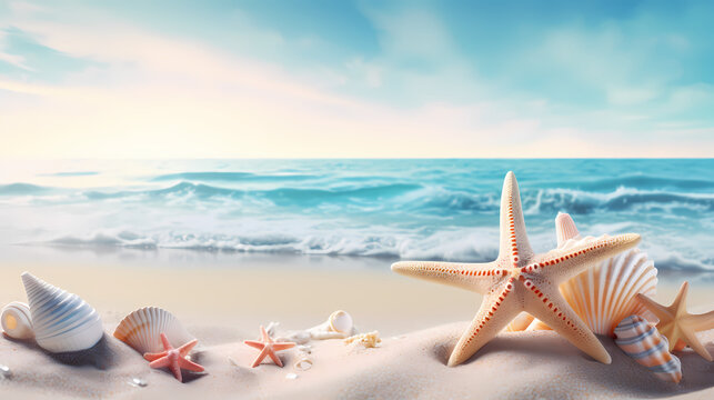 Sea shells and starfish, starfish on the ocean surface