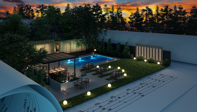 Planung einer modernen Resort-Architektur mit Swimming Pool unter Verwendung nachhaltiger Baumaterialien bei Nachtbeleuchtung -  3D Visualisierung