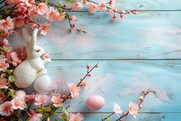 Happy Easter Eggs Basket Sacrament. Bunny hopping in flower egg dyeing decoration. Adorable hare 3d new beginnings rabbit illustration. Holy week easter hunt concept art card Signature message