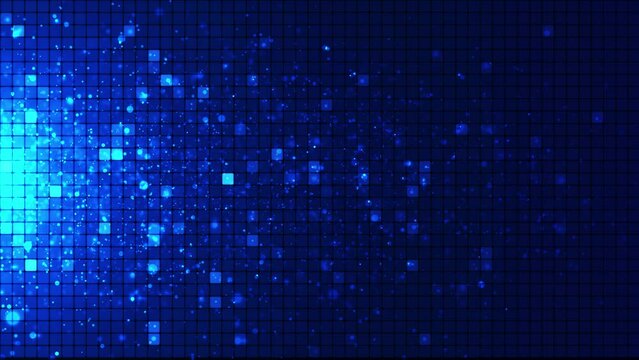 An animated background of rows of squares changing color and moving chaotically. Pixel graphics, moving squares and particles. Background of glowing squares. Bright abstract mosaic blue background wit