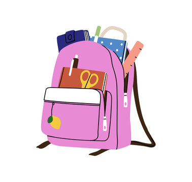 recommend clip art: Schoolbag packed with school accessories. Backpack, kids bag full of stationery, pens, notebooks, books, ruler sticking out from pockets. Flat vector illustration isolated on white background