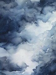 A painting depicting blue and white clouds in the sky, capturing the beauty and movement of clouds in a serene setting.