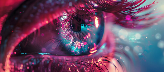 A captivating close-up of a woman's eye with stars, glowing light, and aether clouds, creating a mesmerizing cosmic wonder and ethereal image. - obrazy, fototapety, plakaty