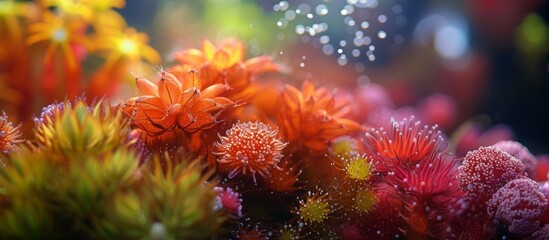 Obraz na płótnie Canvas An array of vibrant flowers is seen gracefully drifting underwater amidst marine invertebrates and coral, creating a stunning underwater garden