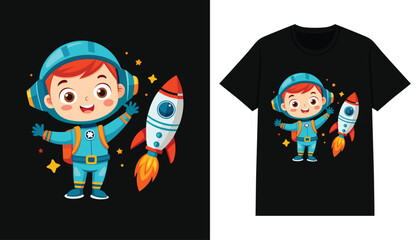 cute astronaut t-shirt design. cartoon astronaut with rocket  for print design apparel and clothing