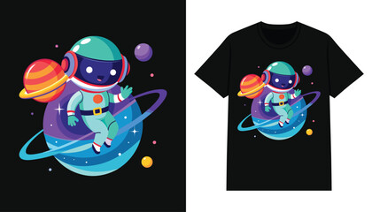 astronaut t-shirt design. cartoon astronaut floating with planet for print design apparel and clothing