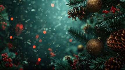 Obraz na płótnie Canvas Square banner with gold and red Christmas symbols and text. Christmas tree, balls, golden tinsel confetti and snowflakes on green background. Header for website template. Ai generative