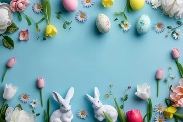 Foto op Canvas Happy Easter Eggs Basket easter candy. Bunny hopping in flower accessorie decoration. Adorable hare 3d empty tomb rabbit illustration. Holy week easter hunt insignia card Garden picked bouquet © Leo