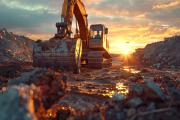 Foto op Canvas Excavator, excavator on a construction site with sunset background, Construction machinery © BOONJUNG
